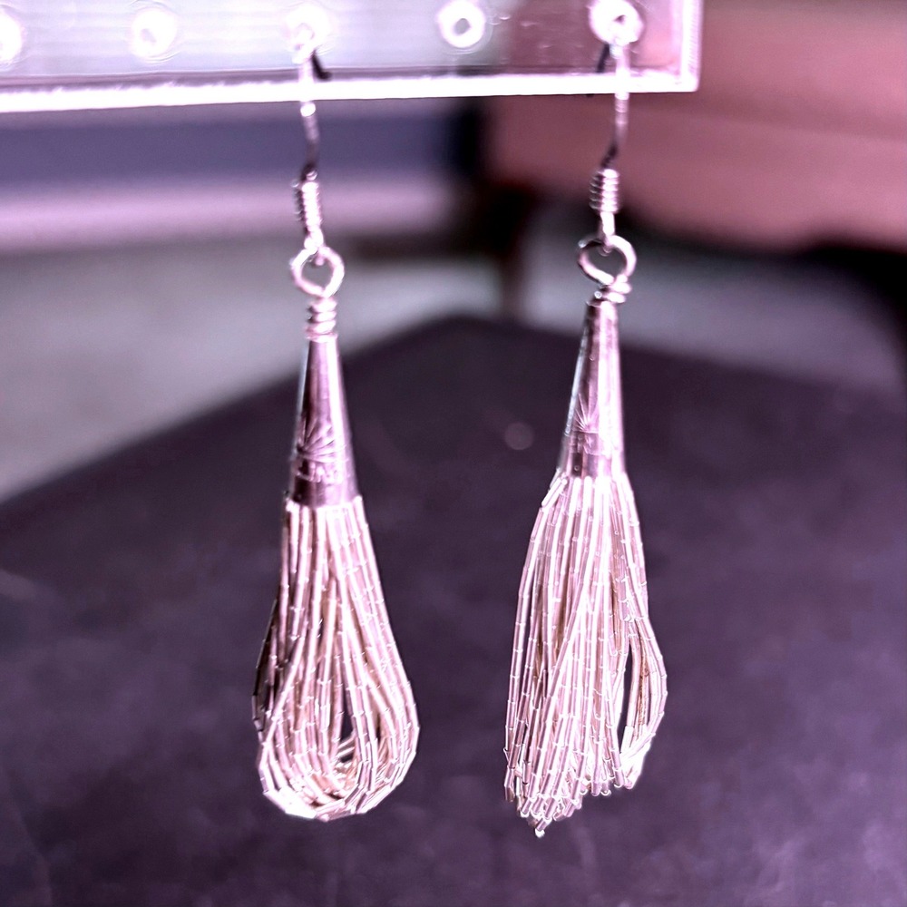 VTG Liquid Silver Tassel Dangle Earrings Sterling Silver 925 Southwestern SS1 - Picture 1 of 6